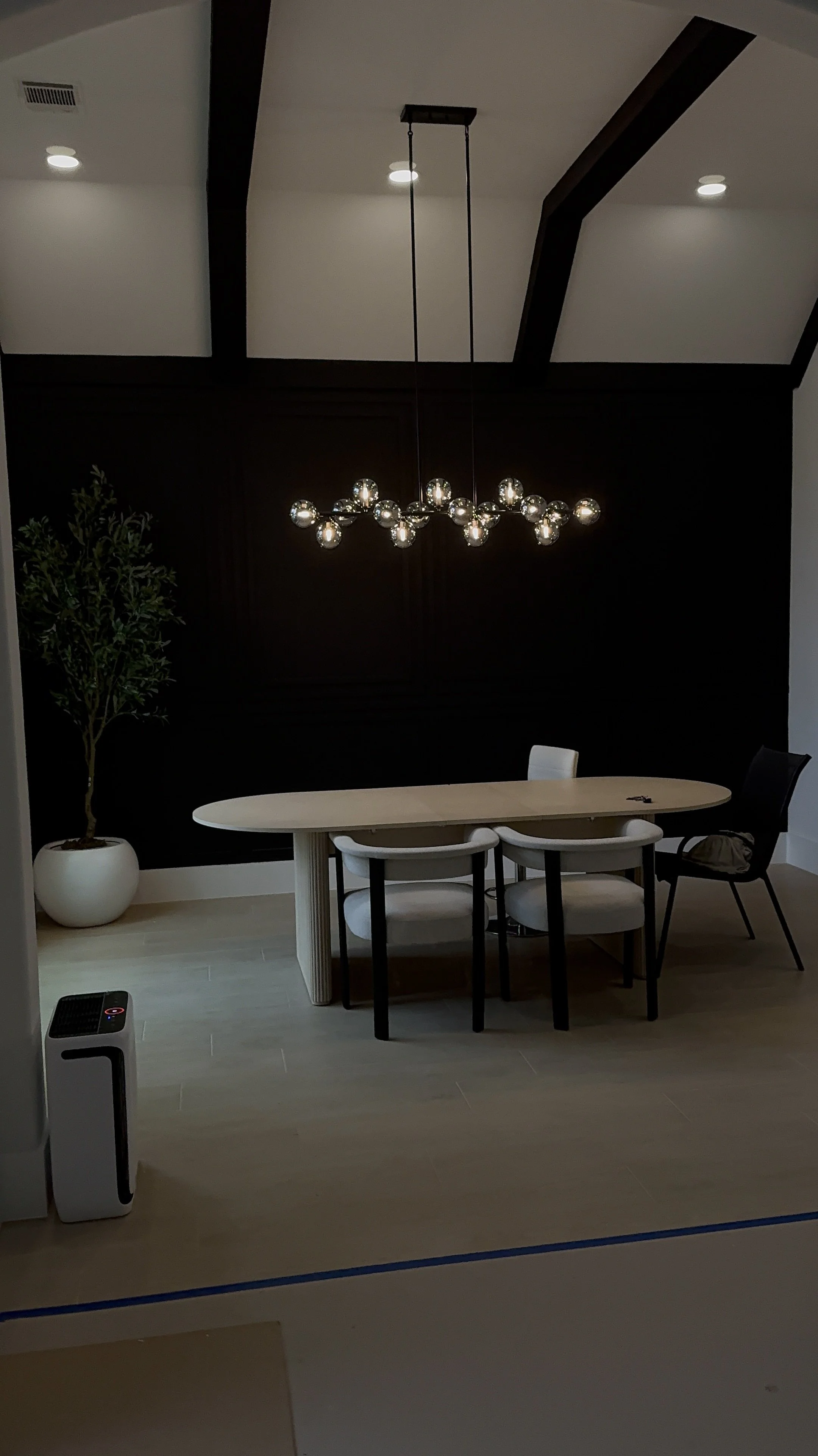 A modern dining area with an oval wooden table, four chairs around it, a potted plant in a white pot, a contemporary chandelier with multiple exposed bulbs hanging from the ceiling, and a dark wooden wall panel.