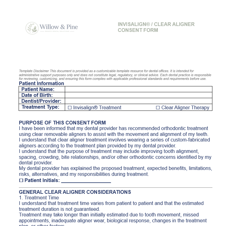 INVISALIGN®CLEAR ALIGNER TREATMENT CONSENT FORM