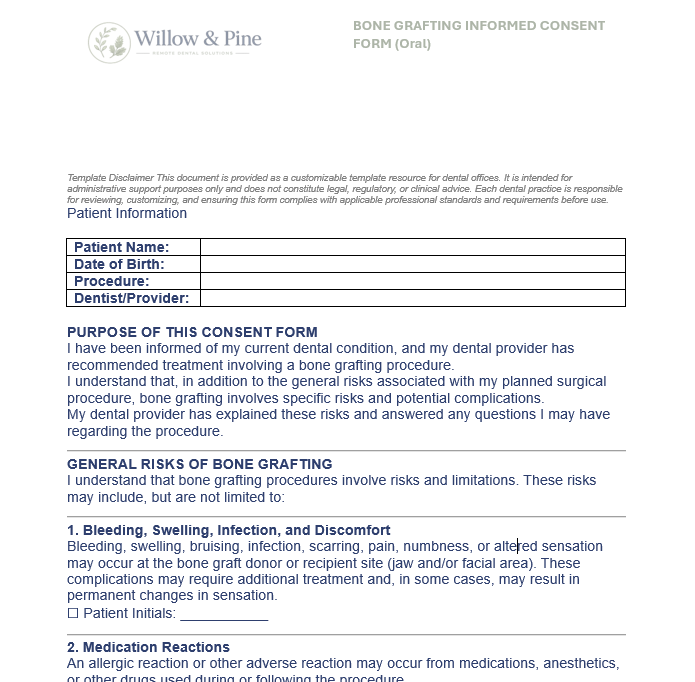 BONE GRAFTING INFORMED CONSENT FORM TEMPLATE