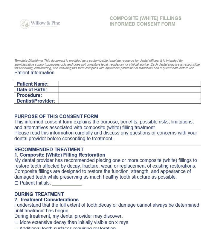 COMPOSITE (WHITE) FILLINGS INFORMED CONSENT FORM