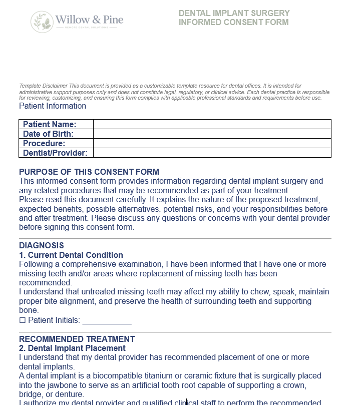 DENTAL IMPLANT SURGERY INFORMED CONSENT FORM
