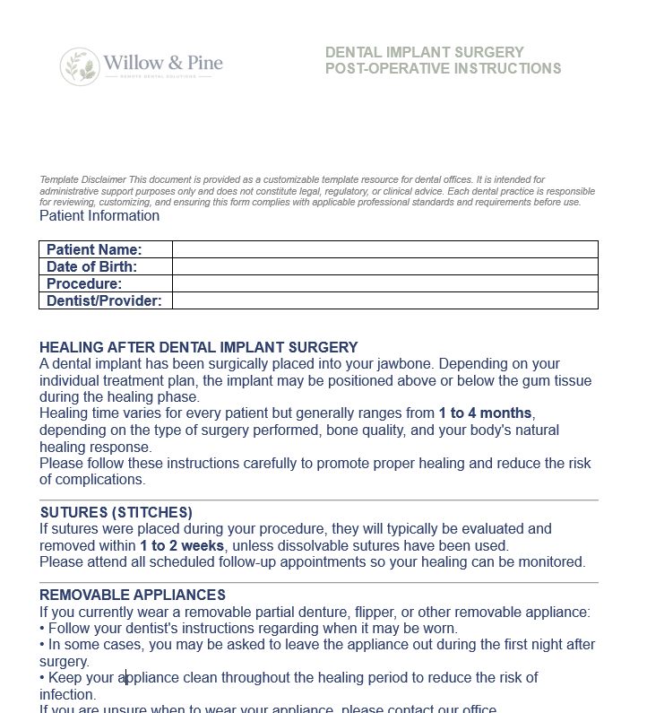DENTAL IMPLANT SURGERY POST-OPERATIVE INSTRUCTIONS TEMPLATE