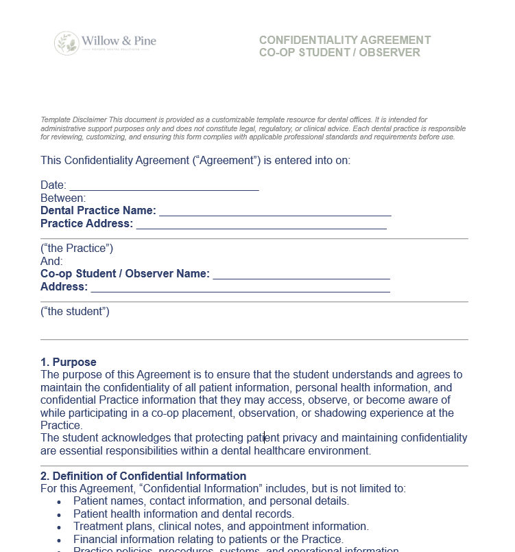 CONFIDENTIALITY AGREEMENT CO-OP STUDENT / OBSERVER