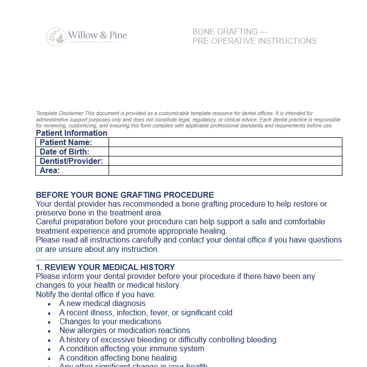 BONE GRAFTING — PRE-OPERATIVE INSTRUCTIONS
