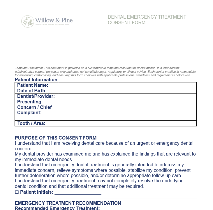 DENTAL EMERGENCY TREATMENT CONSENT FORM