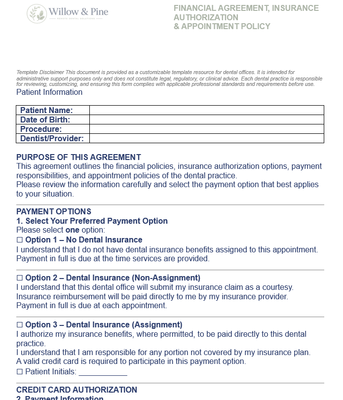 FINANCIAL AGREEMENT, INSURANCE AUTHORIZATION & APPOINTMENT POLICY