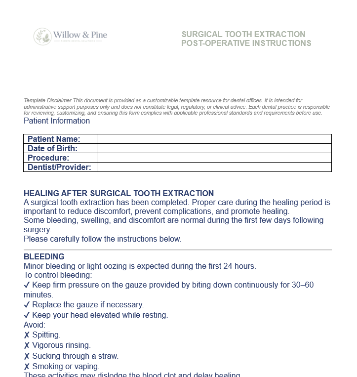 SURGICAL TOOTH EXTRACTION POST-OPERATIVE INSTRUCTIONS