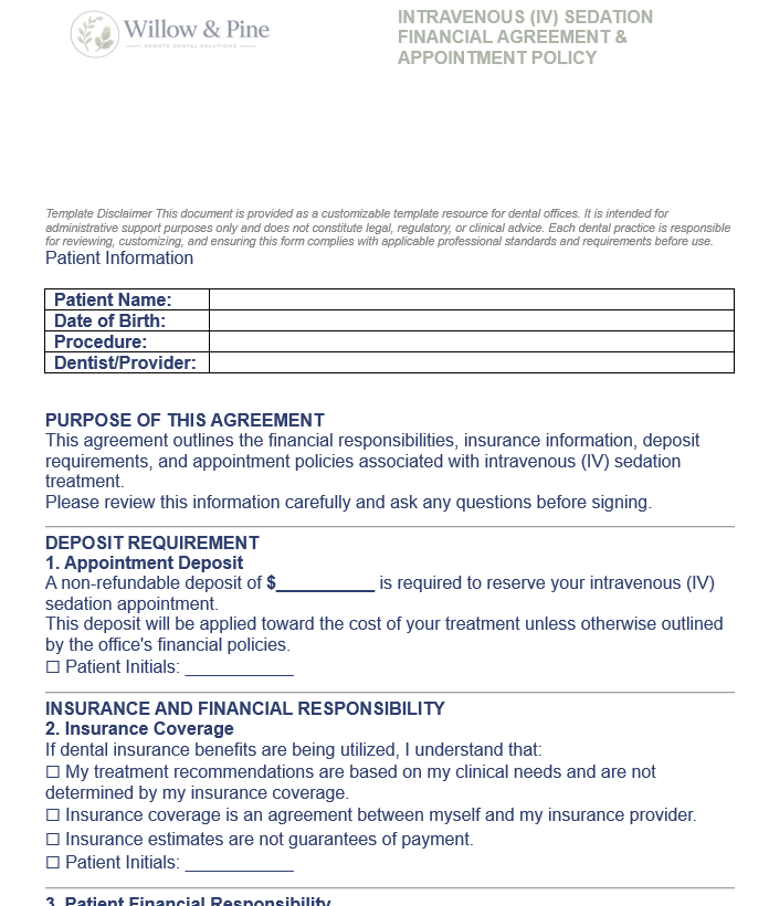 INTRAVENOUS (IV) SEDATION FINANCIAL AGREEMENT & APPOINTMENT POLICY