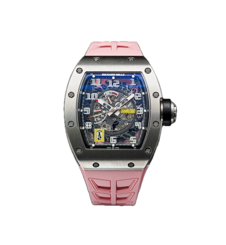 Close-up of a Richard Mille luxury watch with a pink strap, skeleton dial, and multiple subdials, against a black background.