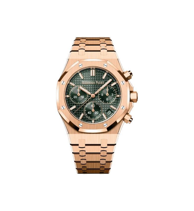 A luxury gold watch with a green patterned dial, chronograph subdials, and a date window, featuring an octagonal bezel and a matching gold bracelet.