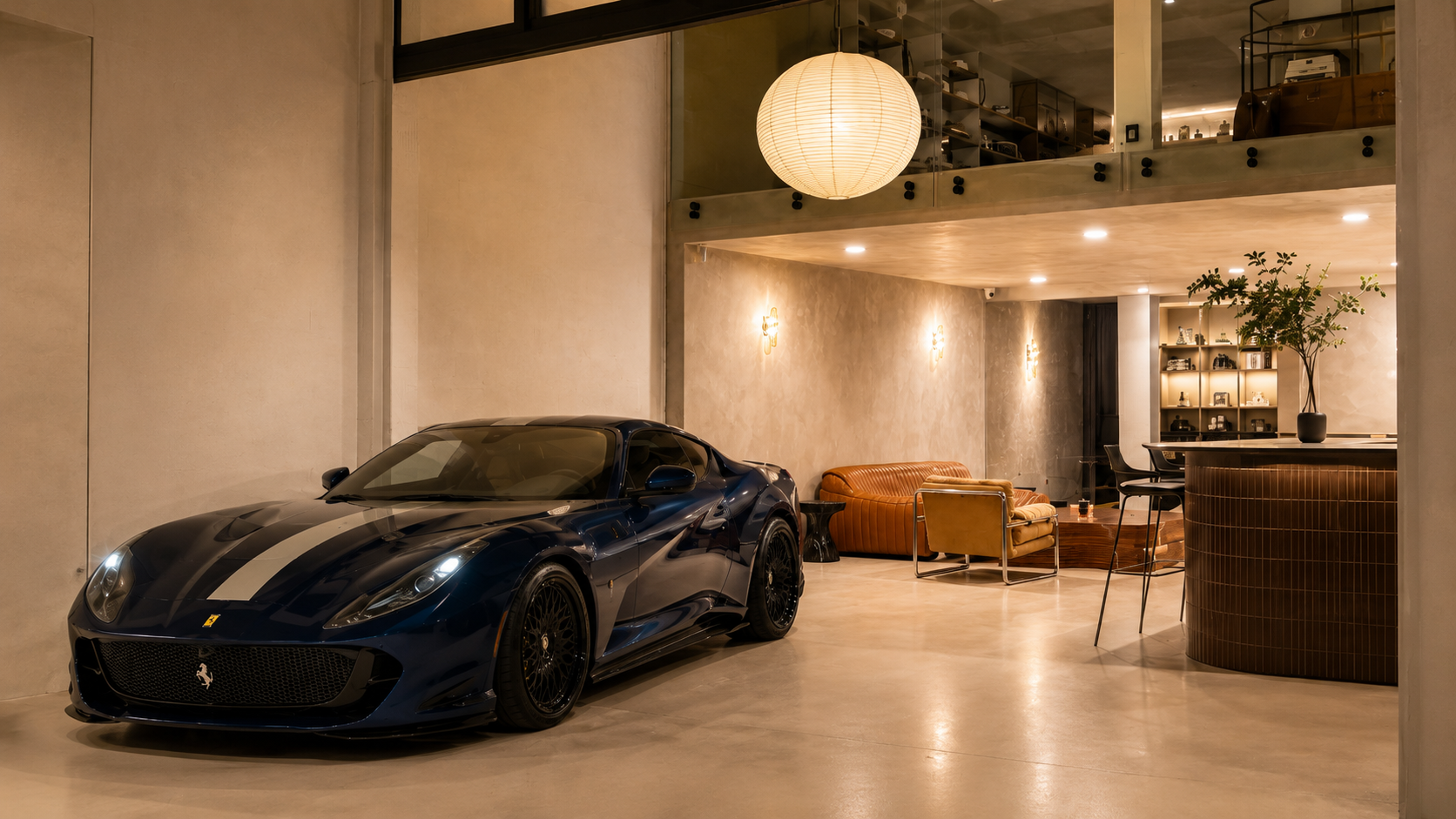 A blue Ferrari sports car with a white racing stripe parked inside a modern, stylishly decorated living space featuring a brown leather sofa, a yellow armchair, a bar area with chairs, a large potted plant, and warm ambient lighting.
