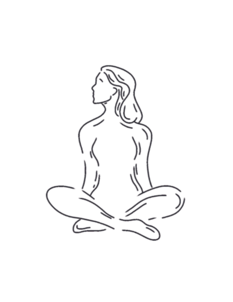 Line drawing of a woman practicing yoga in a seated cross-legged meditation pose.