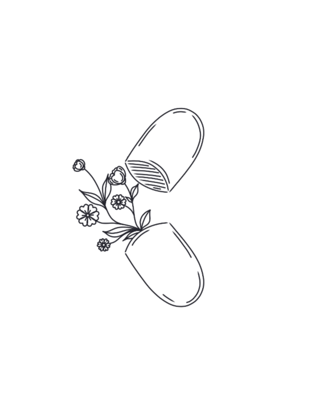 Illustration of an open capsule with flowers and leaves coming out of it.