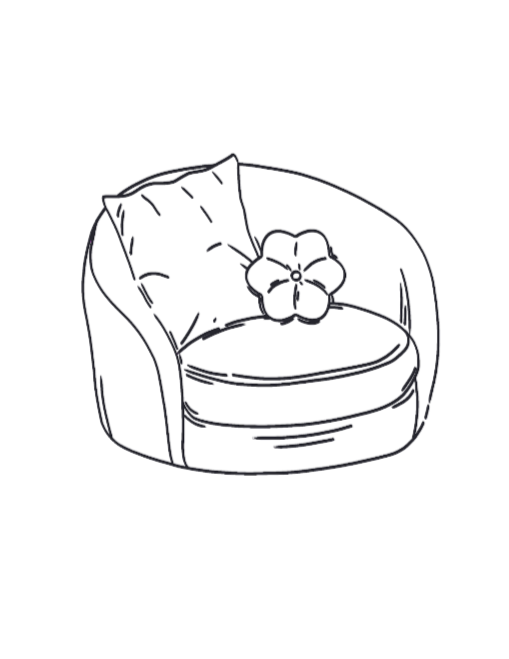 Line drawing of a cozy armchair with a floral cushion.