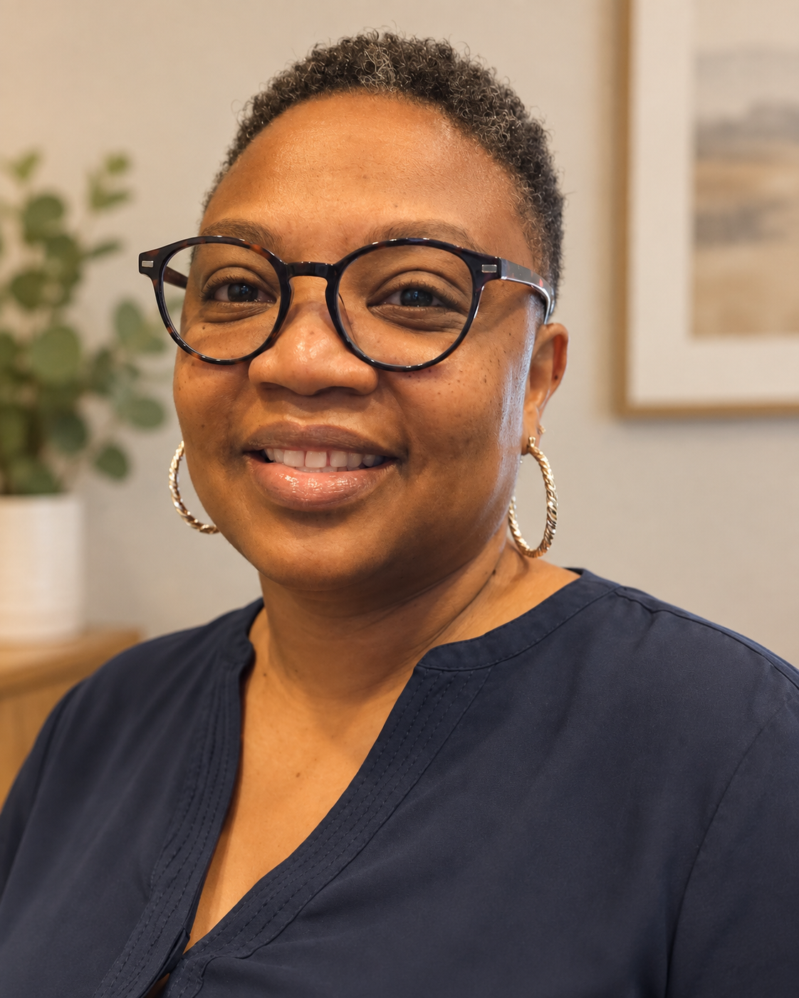 A smiling woman with short curly hair, wearing large black glasses, gold hoop earrings, and a dark blue top, standing indoors with a plant and framed picture in the background.