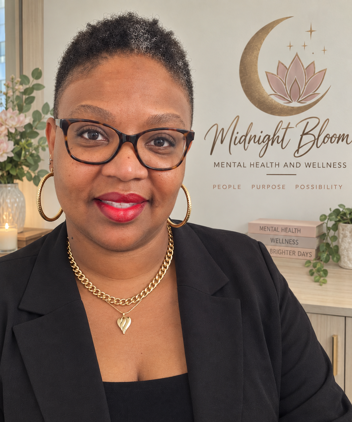 A woman with short curly hair, glasses, red lipstick, and gold jewelry, smiling in front of a sign that reads 'Midnight Bloom Mental Health and Wellness.' The background includes a flower arrangement, candles, and a stack of books about mental health, wellness, and brighter days.