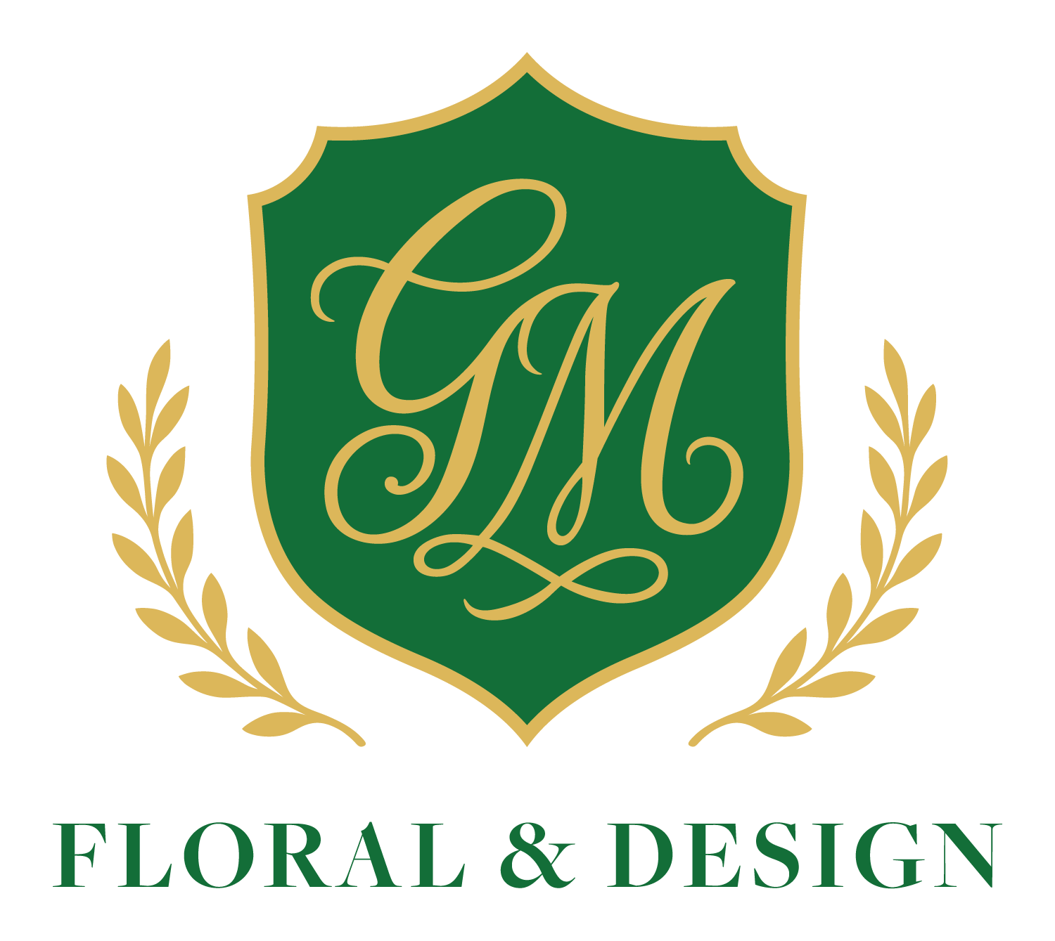 A logo for 'L.M. Floral & Design' featuring a green shield with gold outlining and decorative crooks, with gold monogram initials 'L' and 'M' in the center. Two gold laurel branches frame the shield, and the business name 'FLORAL & DESIGN' is written in green below.