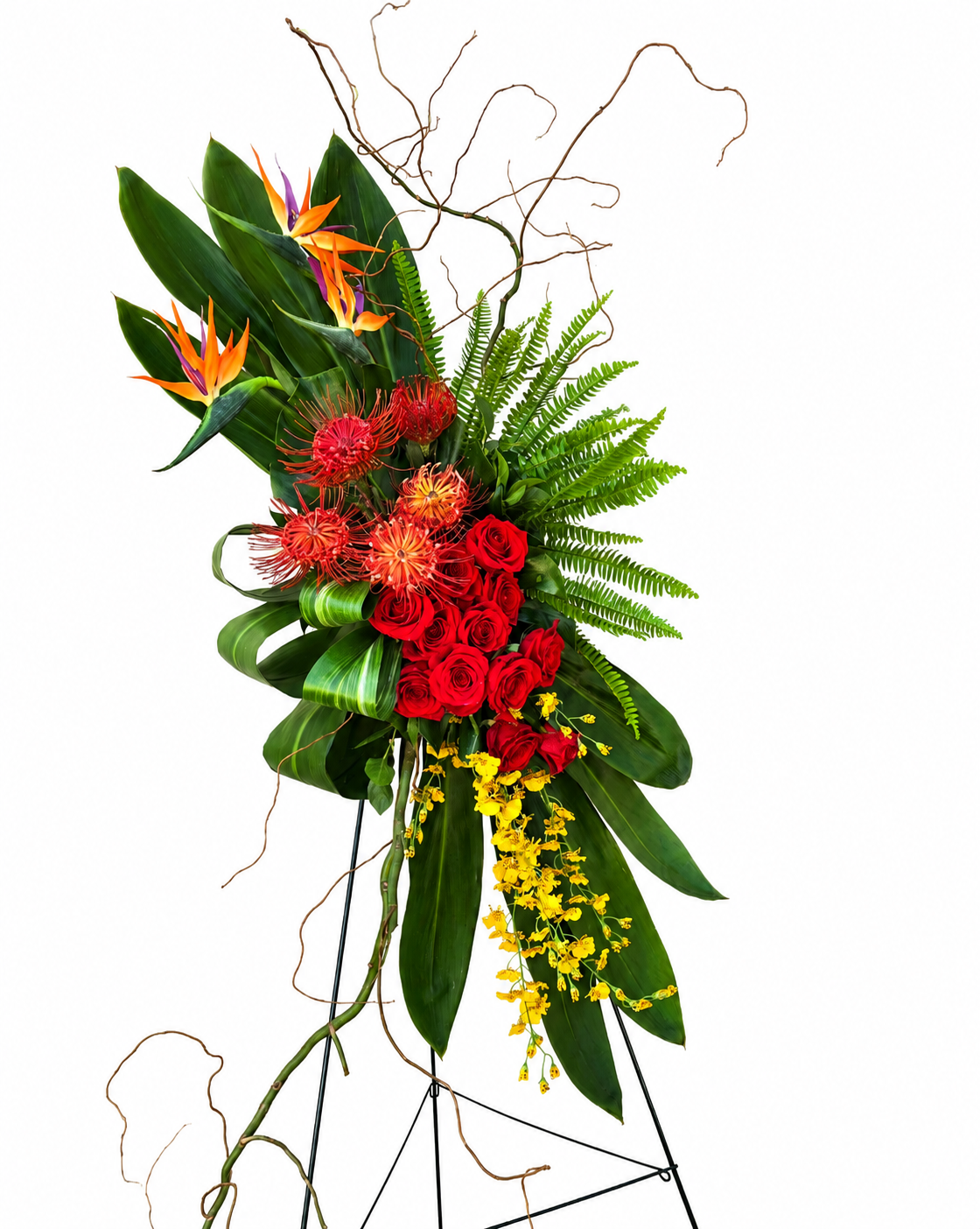 A GM Floral custom designed sympathy spray featuring tropical flowers and foliages to give a masculine and unique feel. 