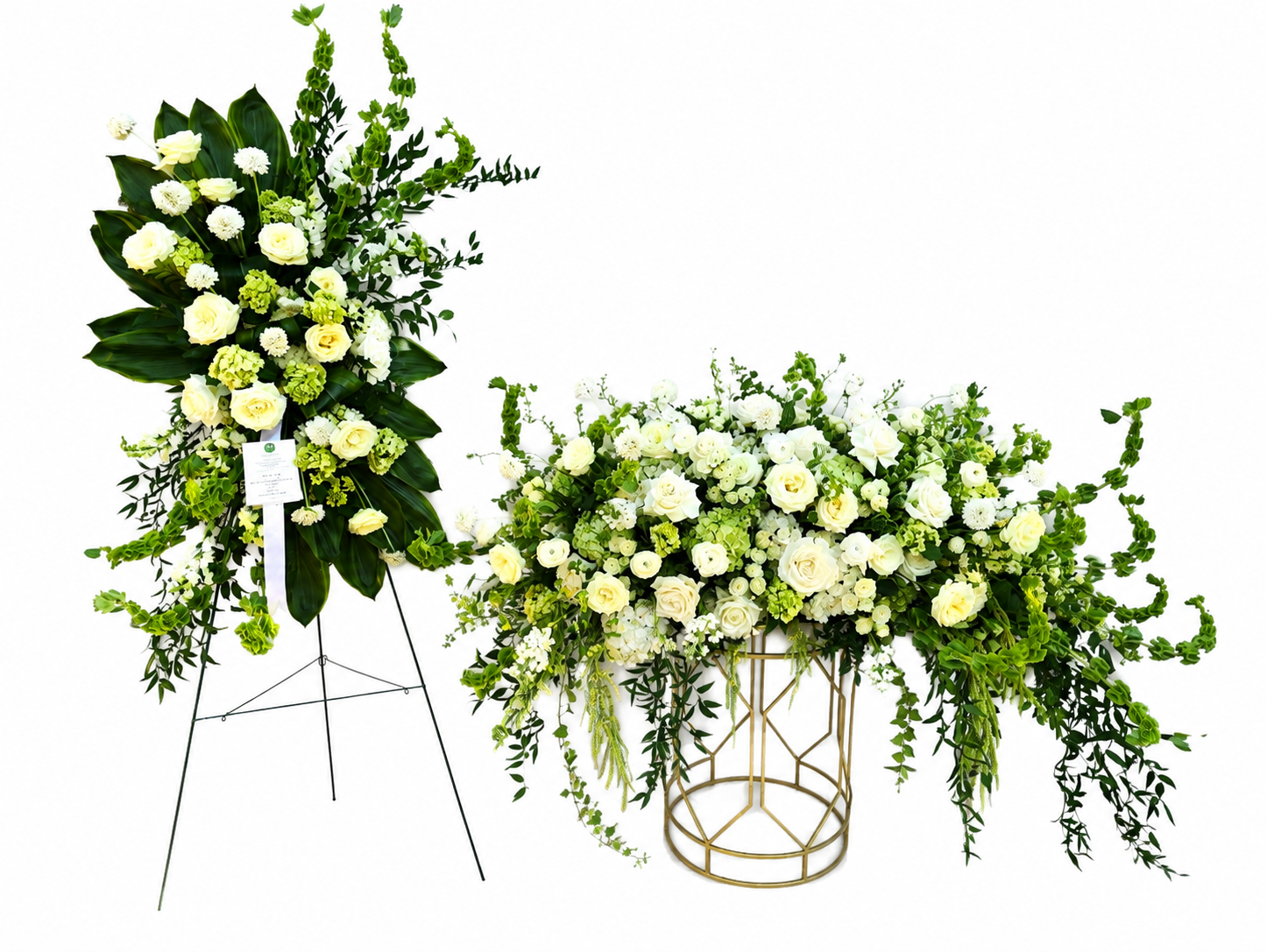 A striking white and green casket spray and standing easel that coordinates. 