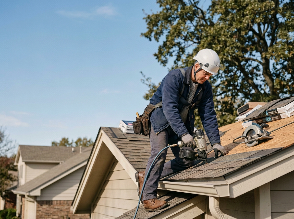 A man wearing a white safety helmet and work gloves uses a cordless drill to hammer nails into a shingled roof of a house during daylight, with a clear sky and trees in the background.