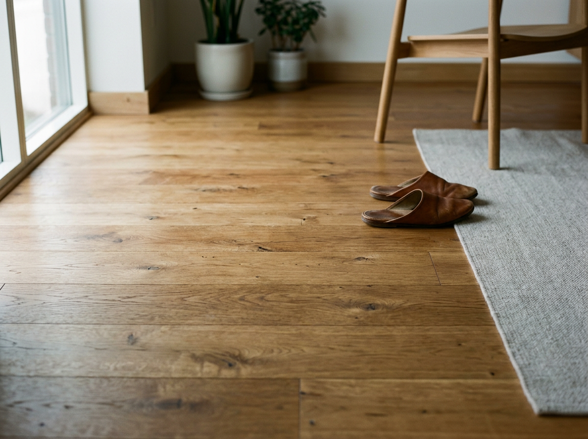 Brown leather slippers on wooden floor next to a gray rug and a chair, with potted plants in the background near a sliding glass door.
