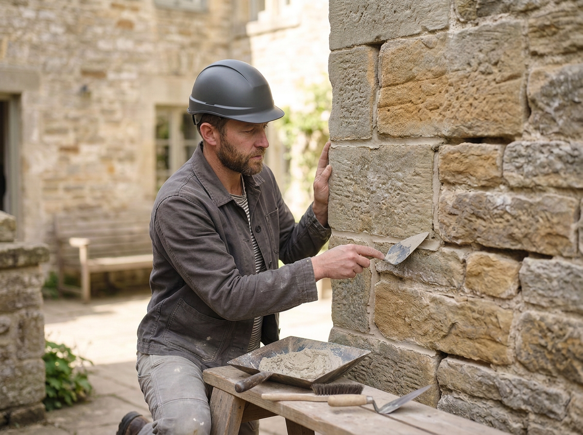A man wearing a black helmet repairing a stone wall with mortar and trowel, kneeling on a stool outdoors.