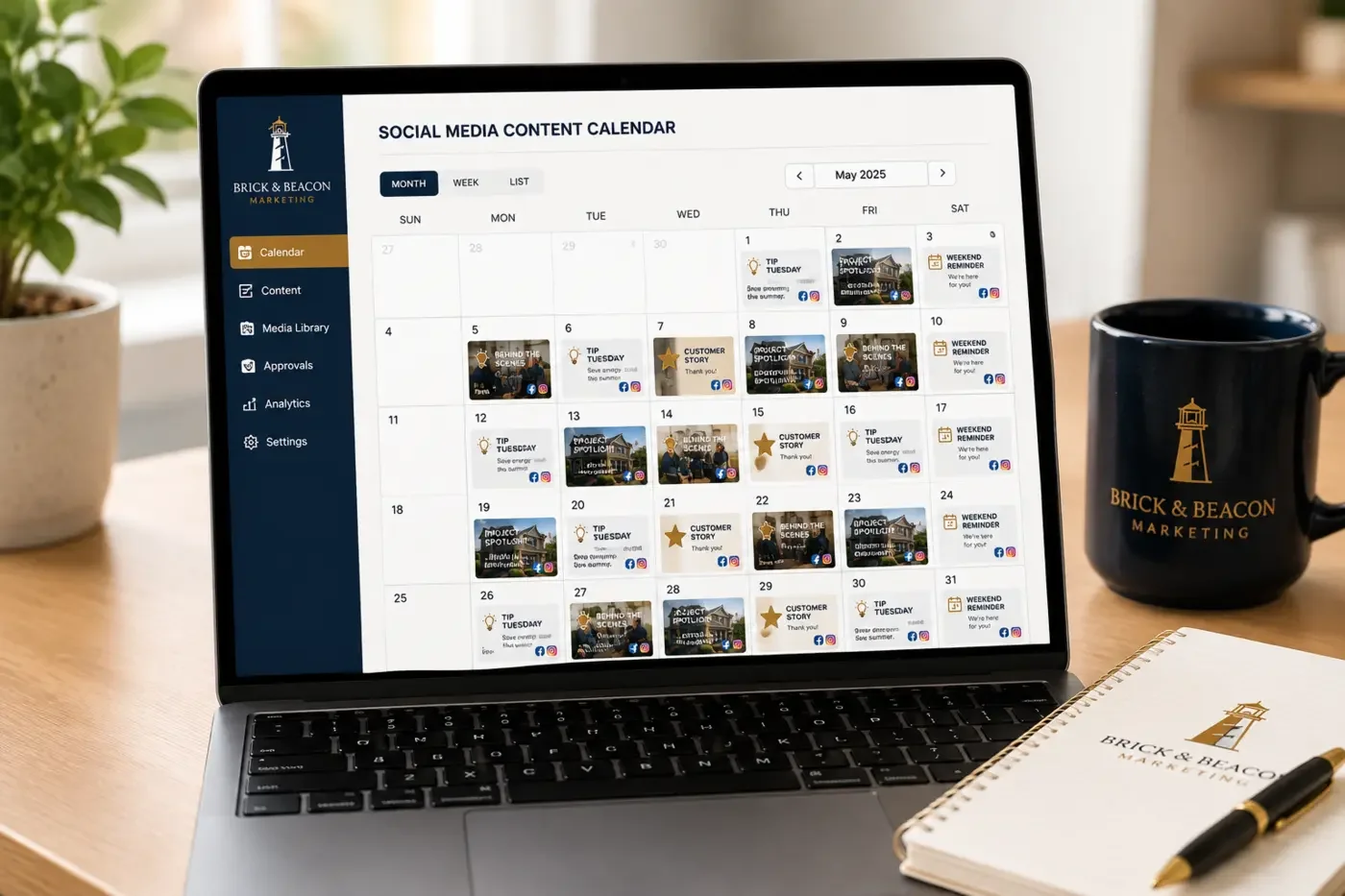 Brick and Beacon branded social media content calendar shown on a laptop