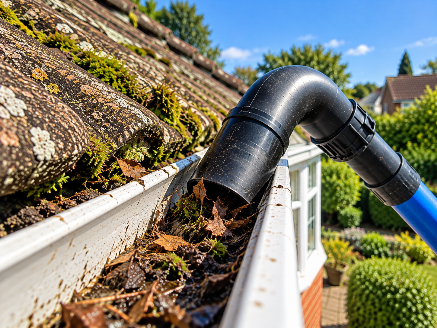 Gutter cleaning with a vacuum hose removing leaves and debris from a roof gutter.