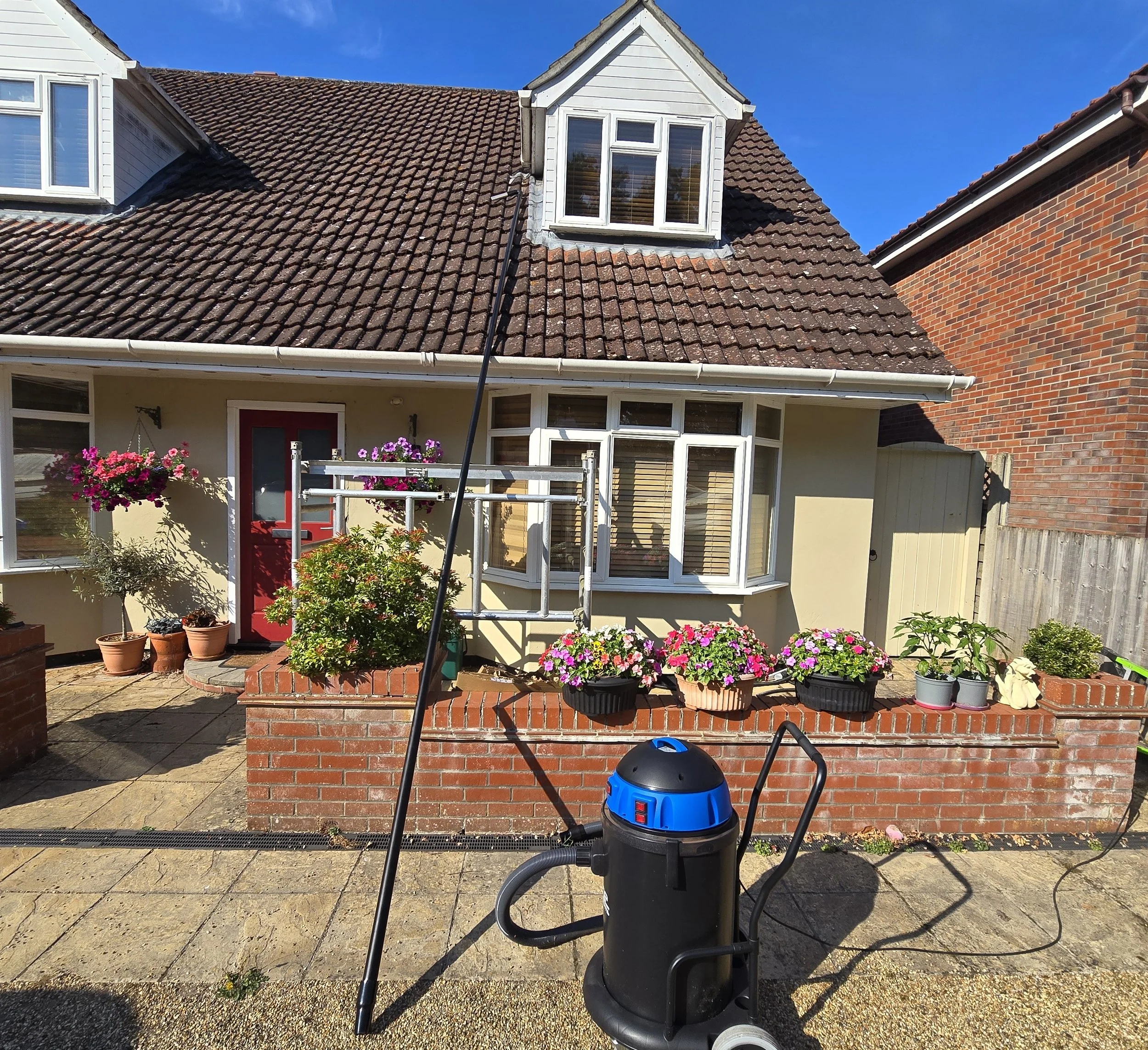 Backyard patio with potted flowers, red door, window, and a house with a pitched roof and dormer window. A vacuum cleaner and some gardening tools are in the foreground.