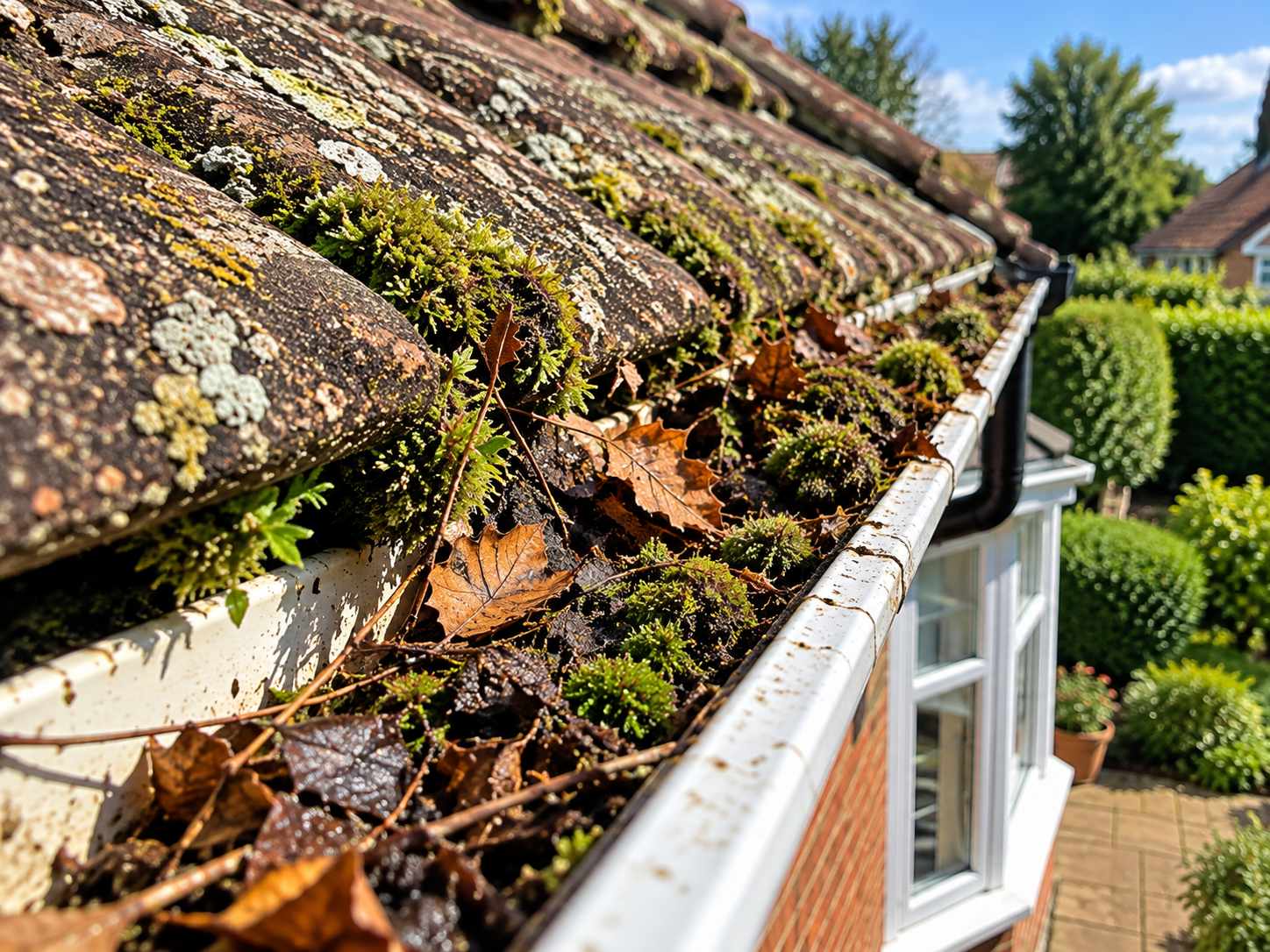 Close-up of a roof gutter filled with fallen leaves, moss, and debris with moss growing on weathered roof tiles, and a background of trees and a blue sky.