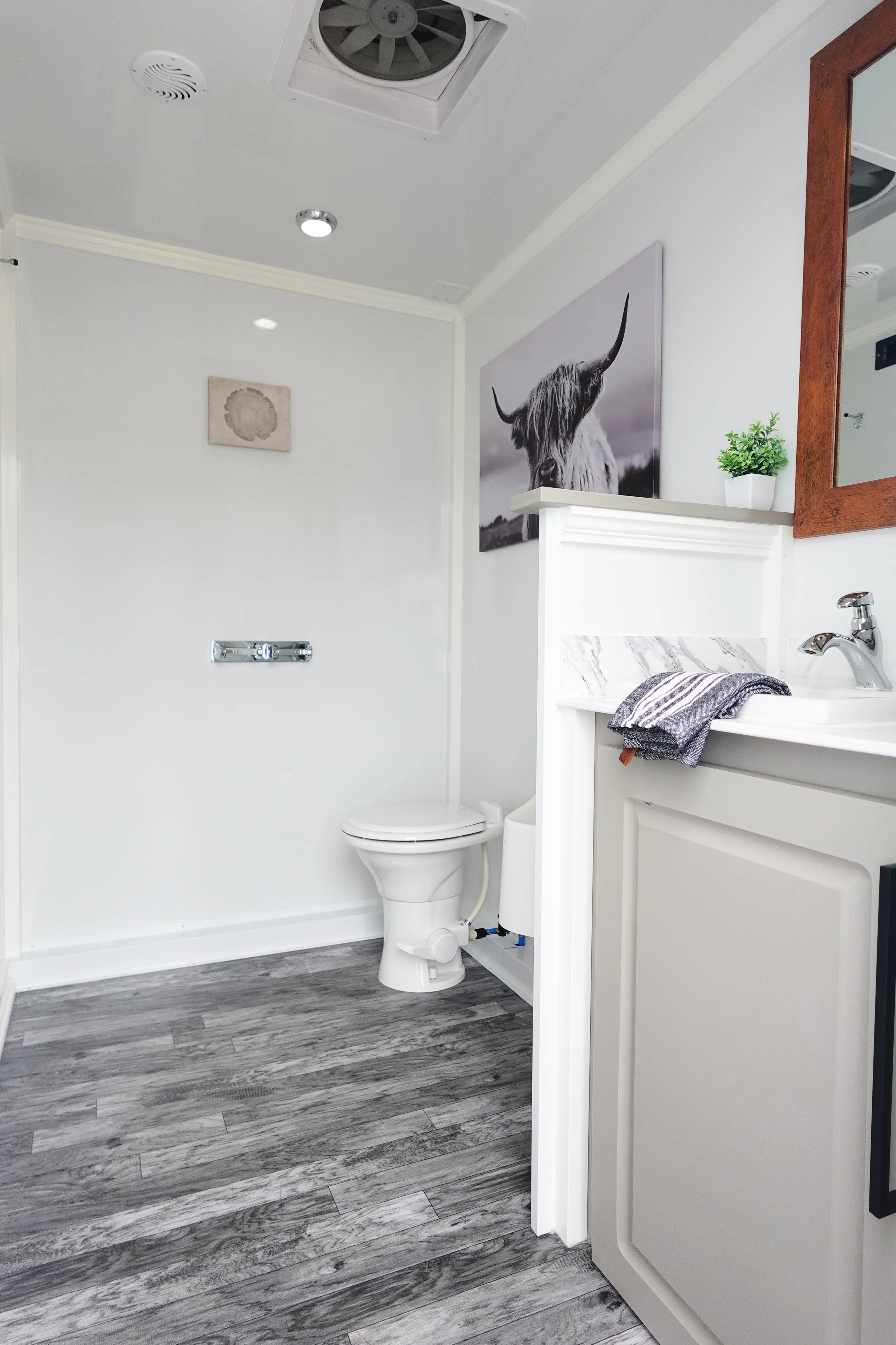 Interior of The Southern Squat luxury wedding restroom trailer