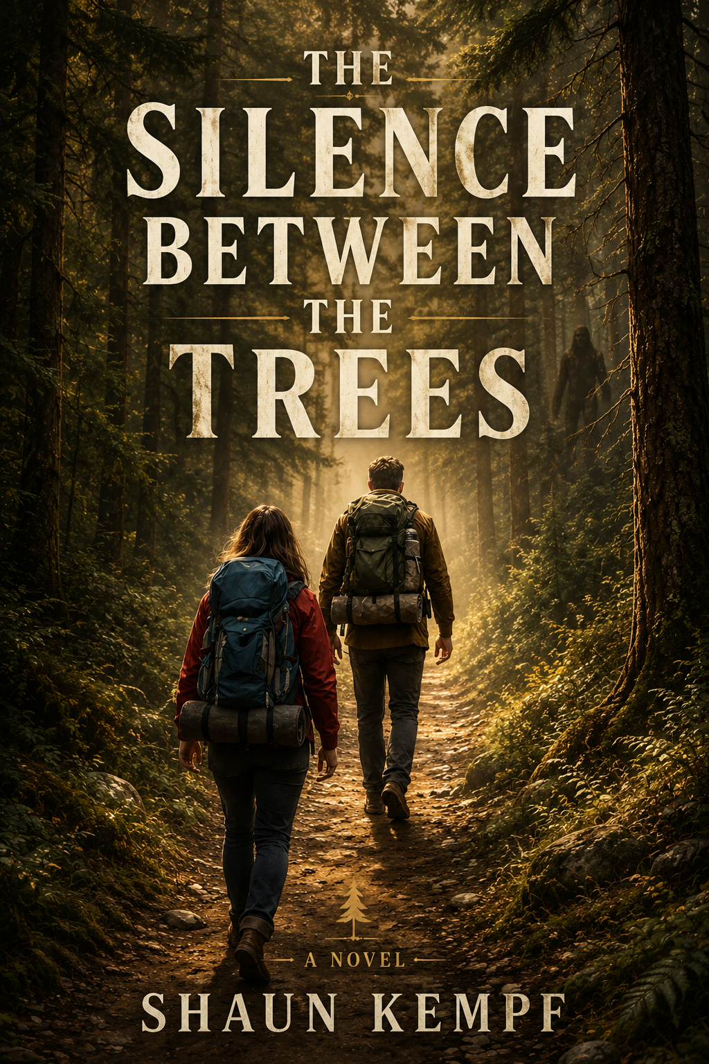A forest trail illuminated by sunlight with two hikers walking away, carrying backpacks, and a shadowy figure appears in the trees ahead. The book title "The Silence Between the Trees" and the author's name "Shaun Kempf" are displayed over the scene.