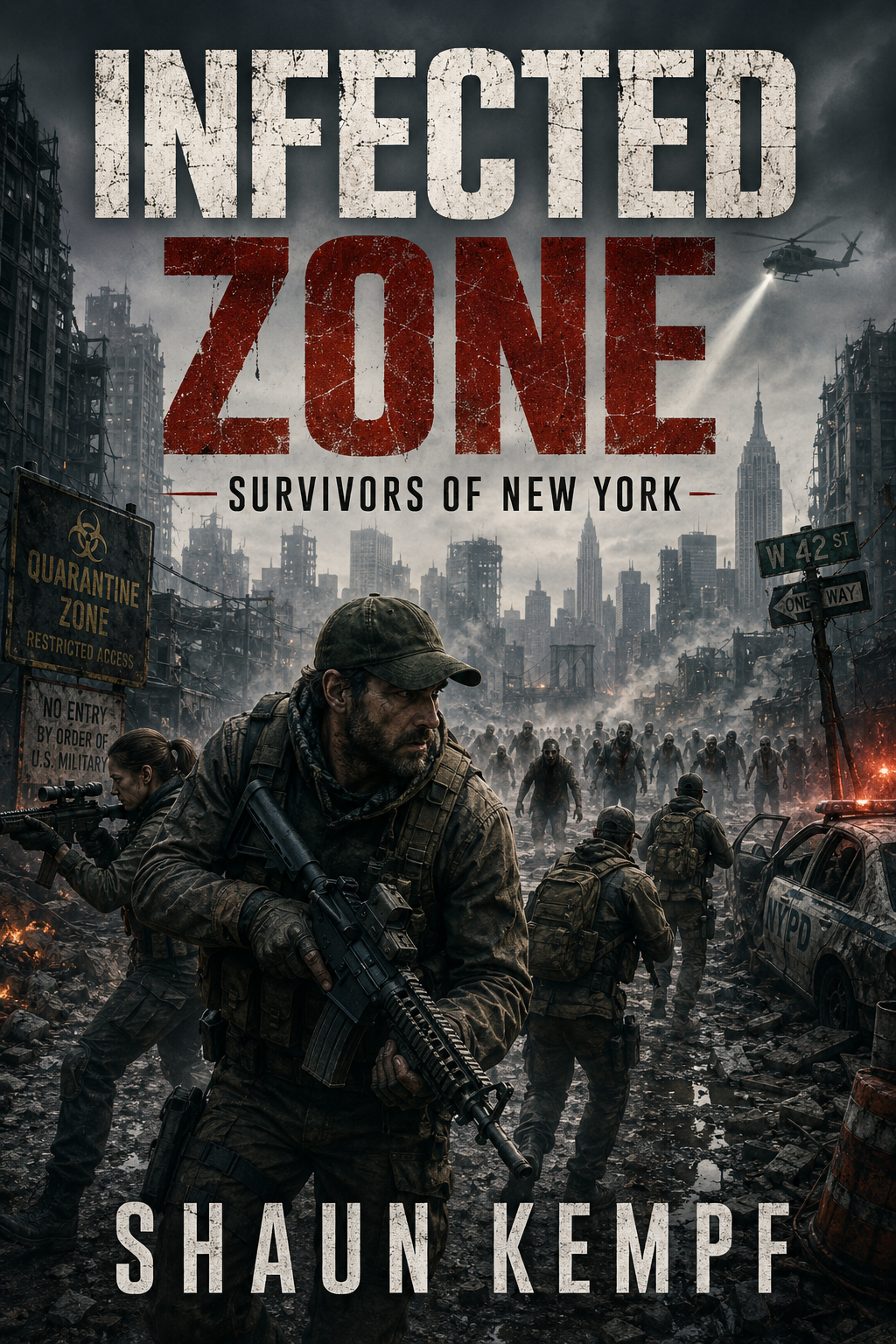 Book cover for "Infected Zone: Survivors of New York" by Shaun Kempf, depicting a post-apocalyptic scene with soldiers and zombies in a ruined New York City with dark clouds and emergency vehicles.