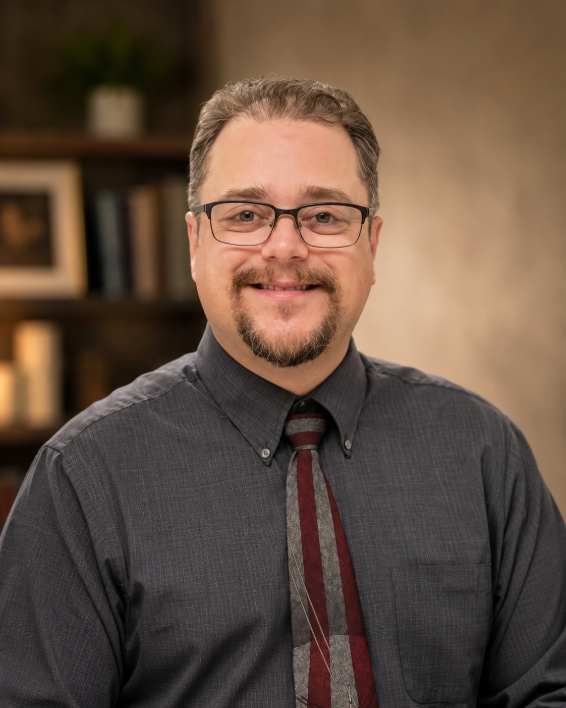 A smiling man with glasses, a beard, and mustache, wearing a dark long-sleeved shirt and a striped tie, standing in front of a blurred background with bookshelves and a potted plant.