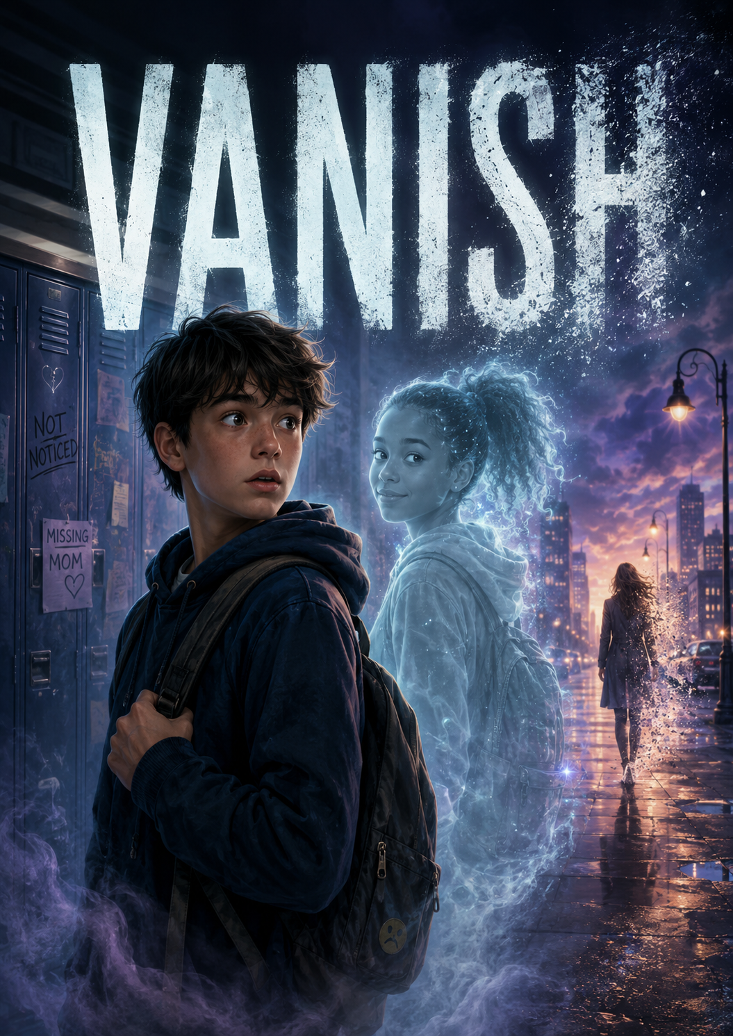 A promotional poster for the show 'Vanish' featuring a boy with a backpack looking to the side and a semi-transparent girl with a backpack behind him, with a city street scene at dusk and a woman walking away in the background.