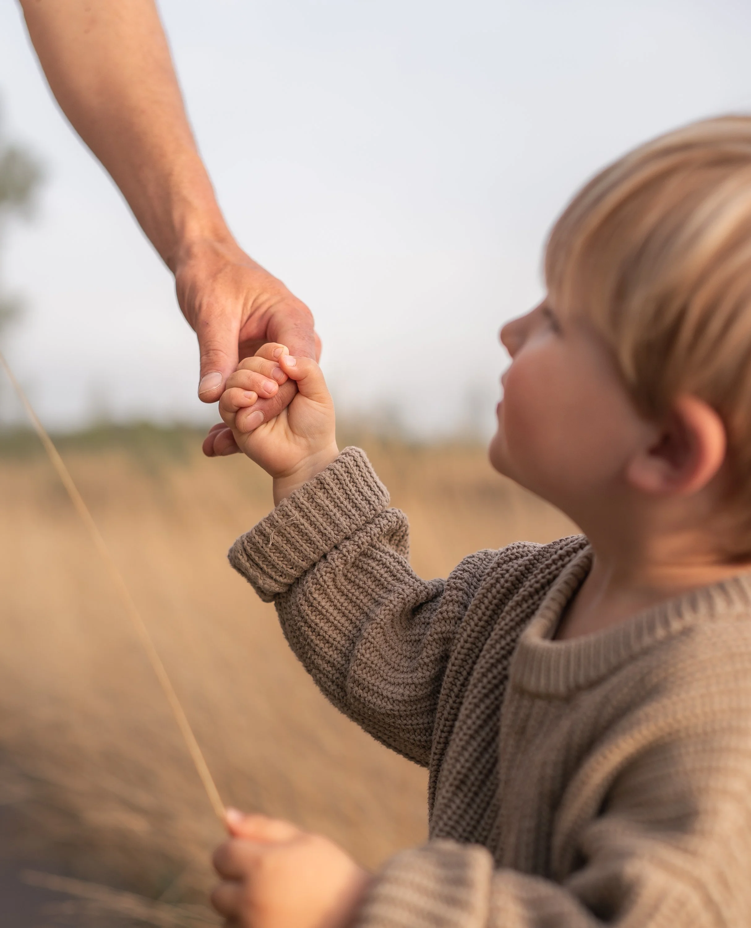 Ein Kind hält die Hand eines Erwachsenen bei einem Spaziergang draußen.