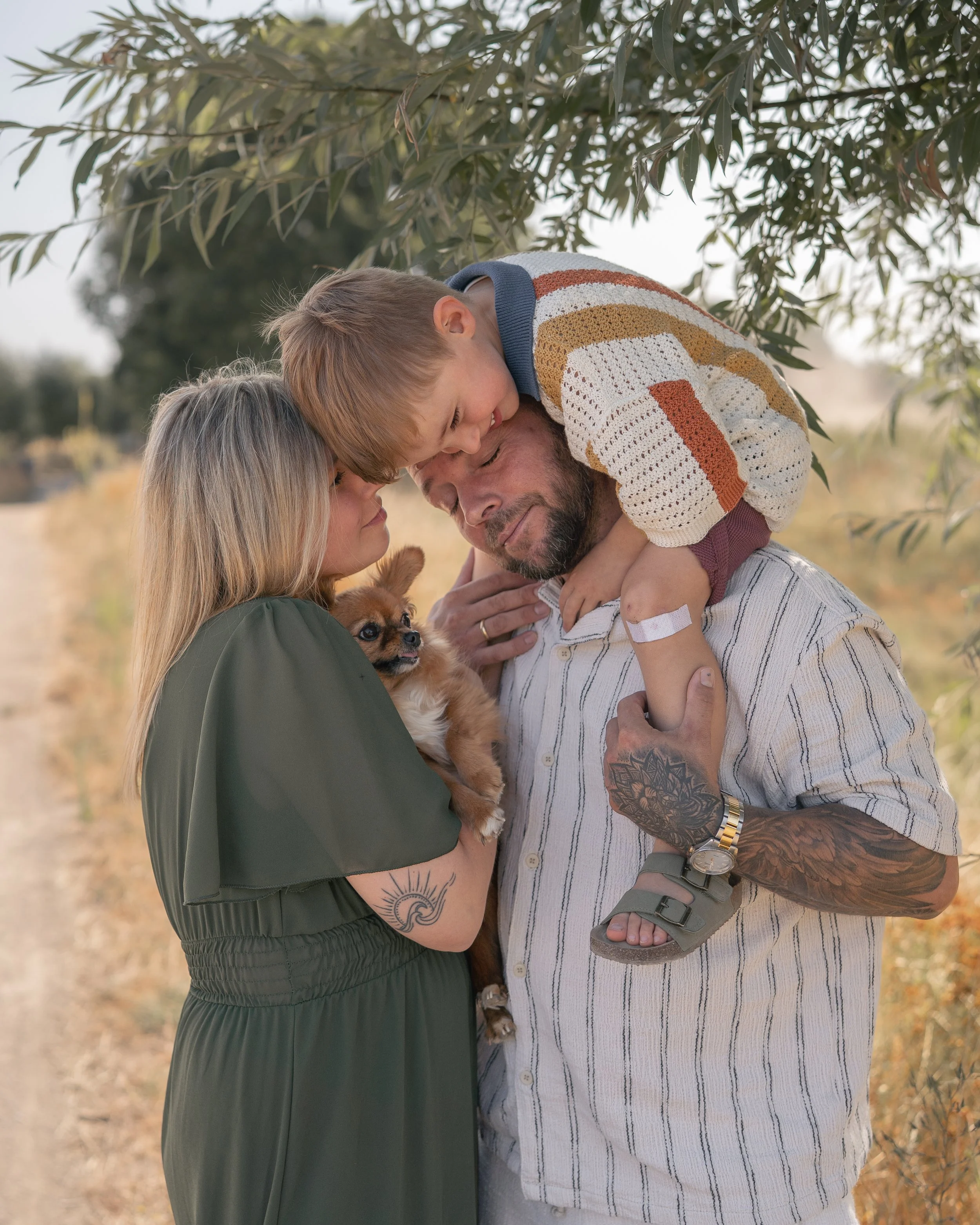 Familie mit Hund im Freien, Kind und Erwachsene lachen, umarmend, bei Sonnenuntergang