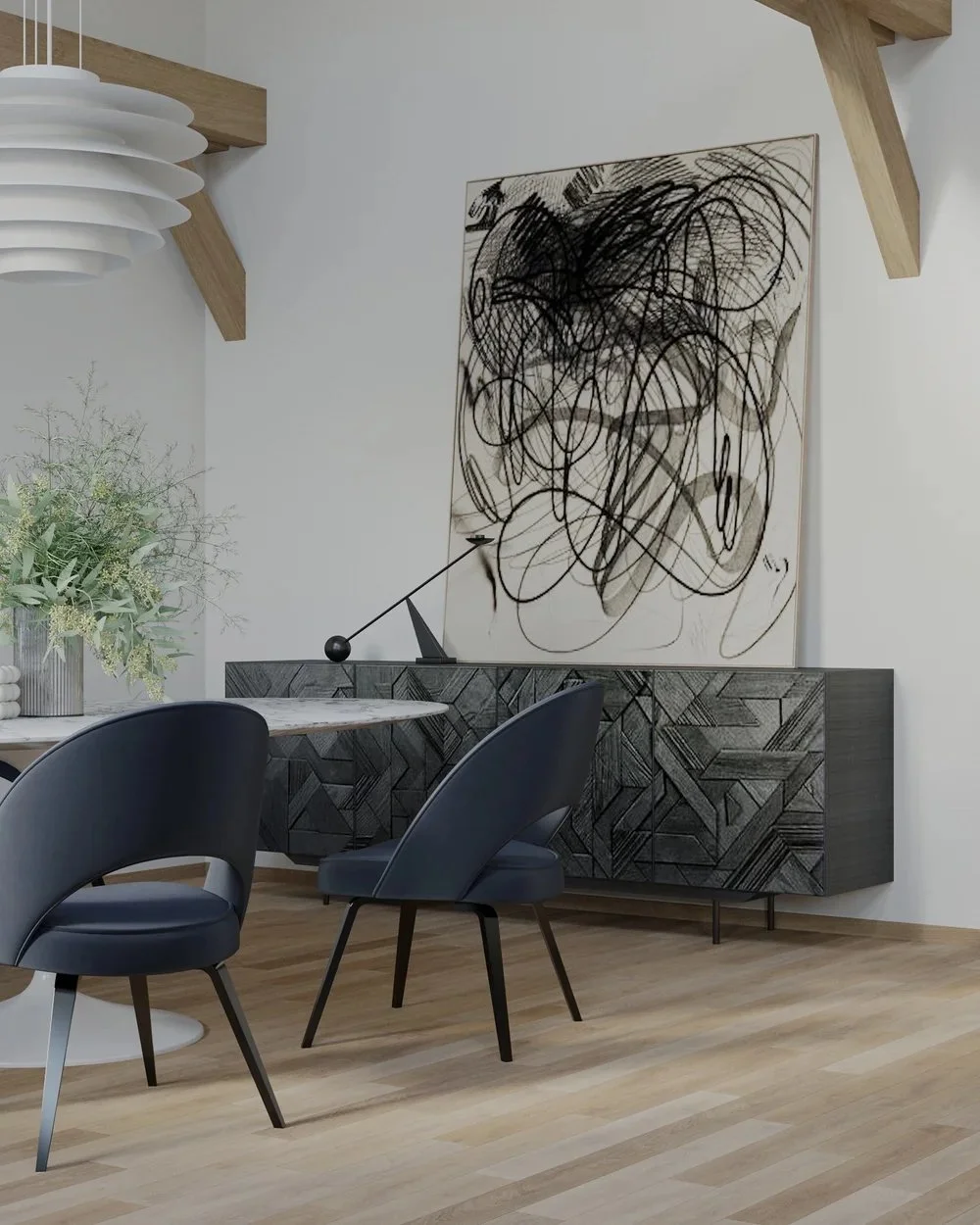 Dining room with dark geometric sideboard, Zurich
