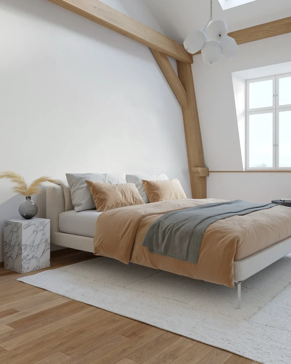 Attic bedroom with exposed beams, Zurich residential project