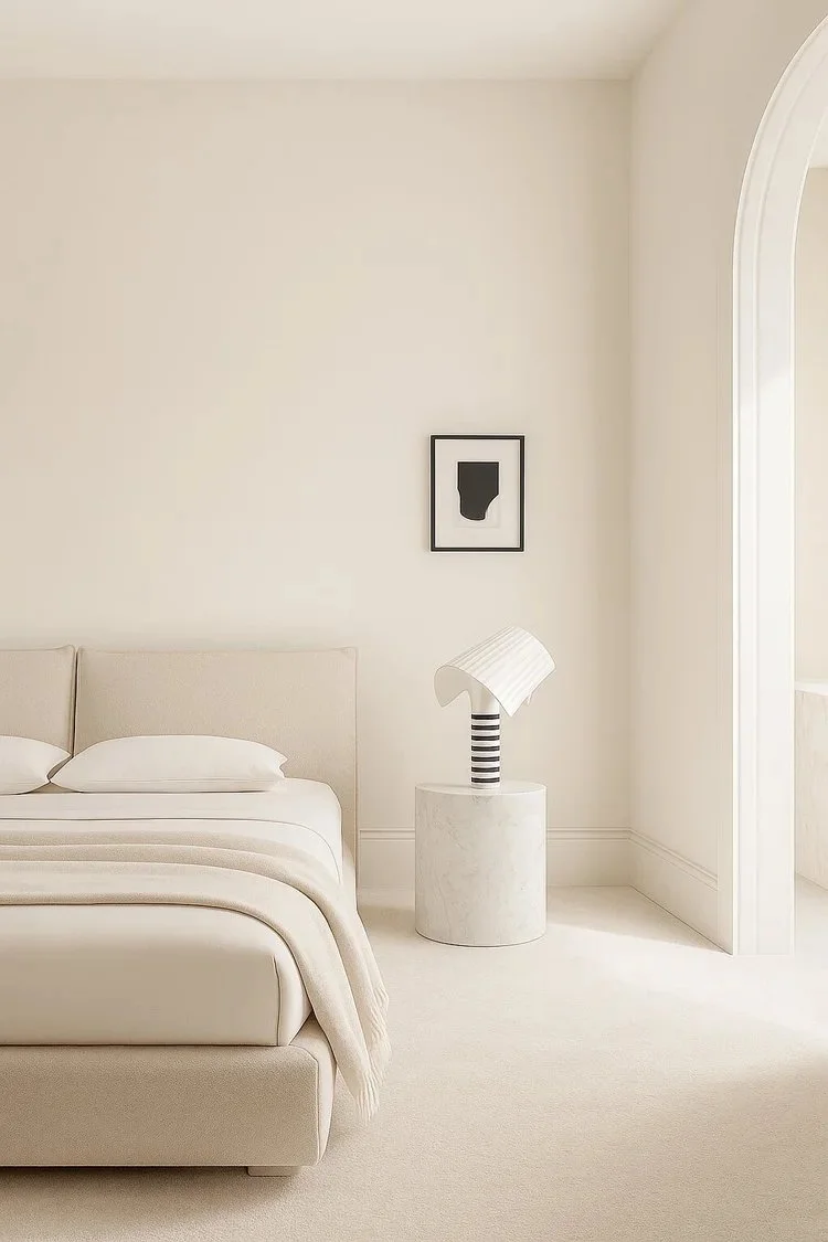 Neutral bedroom with framed art, Copenhagen residential project