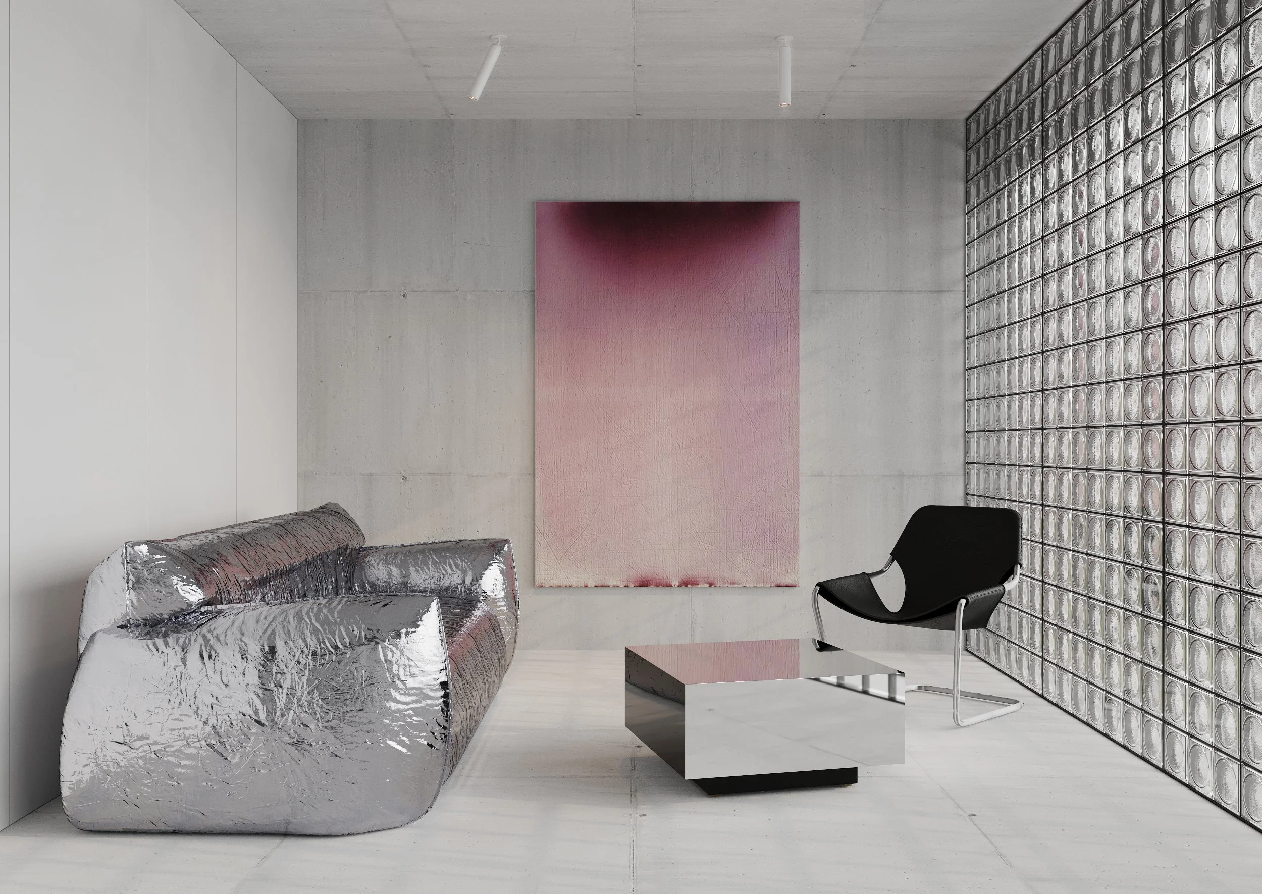 Concrete waiting area with metallic sofa, Coworking