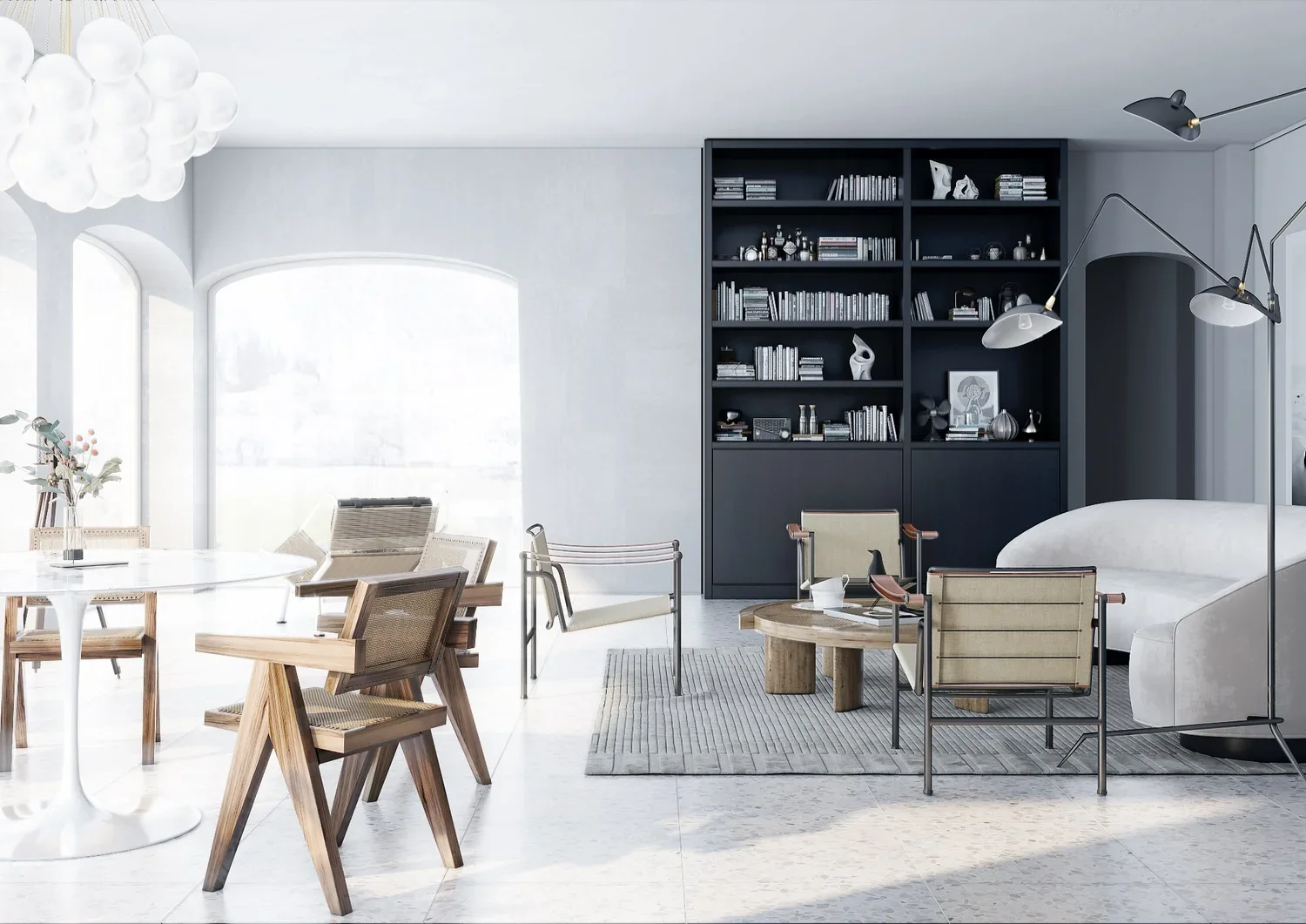 Living room with dark bookshelf, South of France