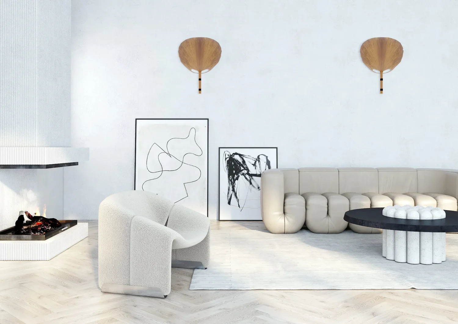 Beige living room with sculptural armchair and wall art, Zurich