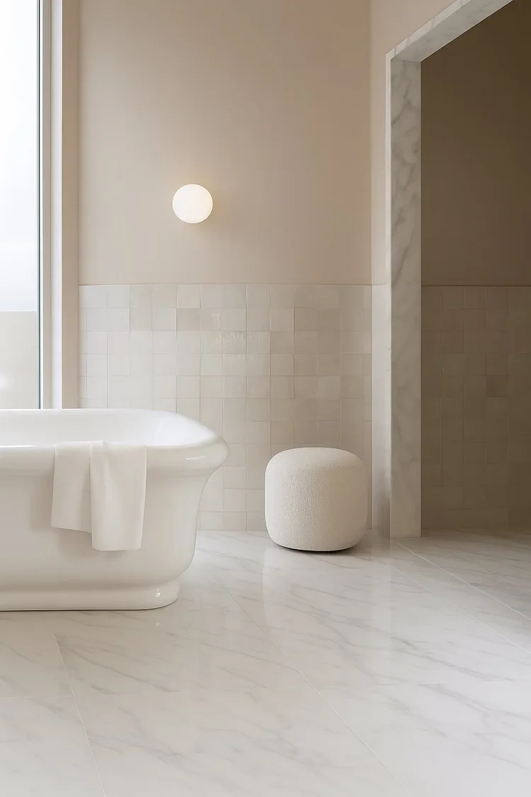 Beige bathroom with freestanding tub, Copenhagen interior design