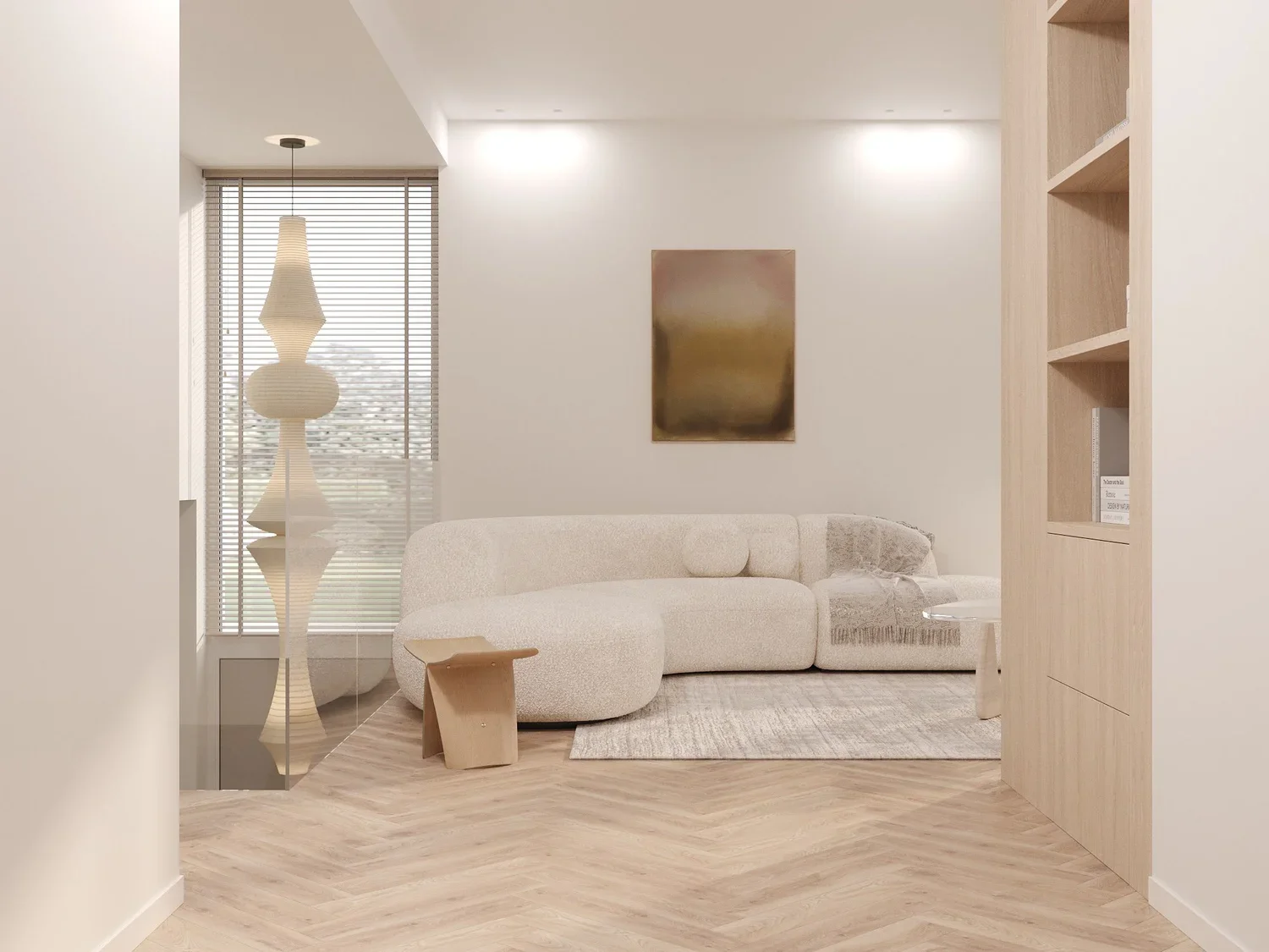 Beige living room with sculptural floor lamp