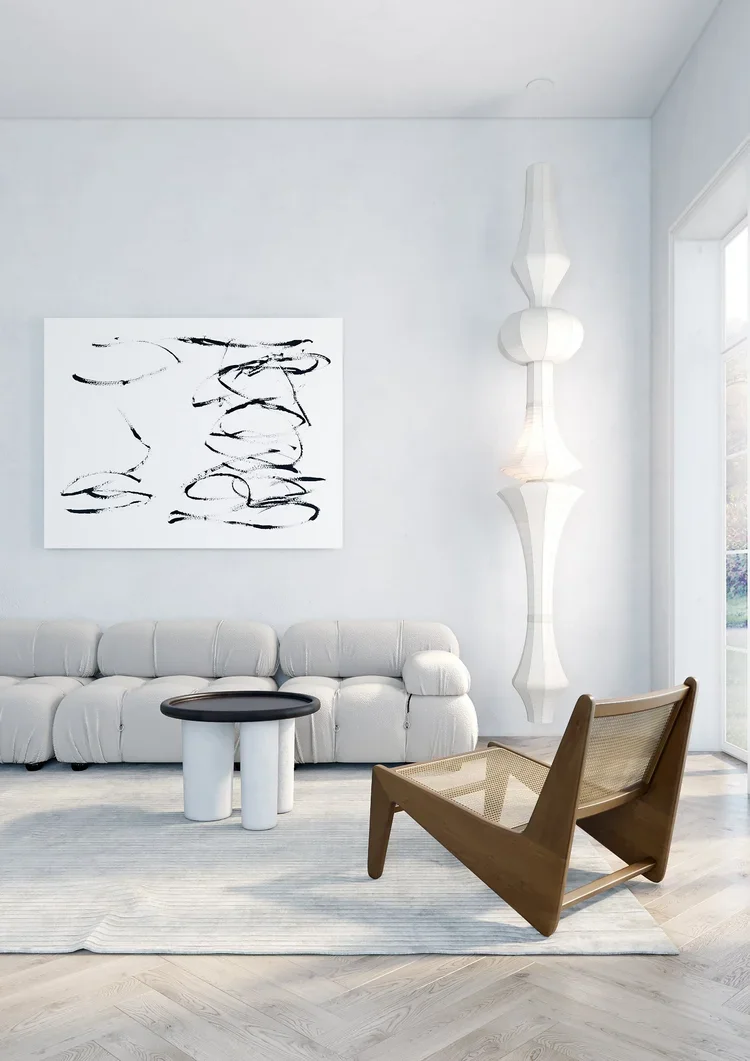 Minimalist living room with abstract art and sculptural lighting, Zurich