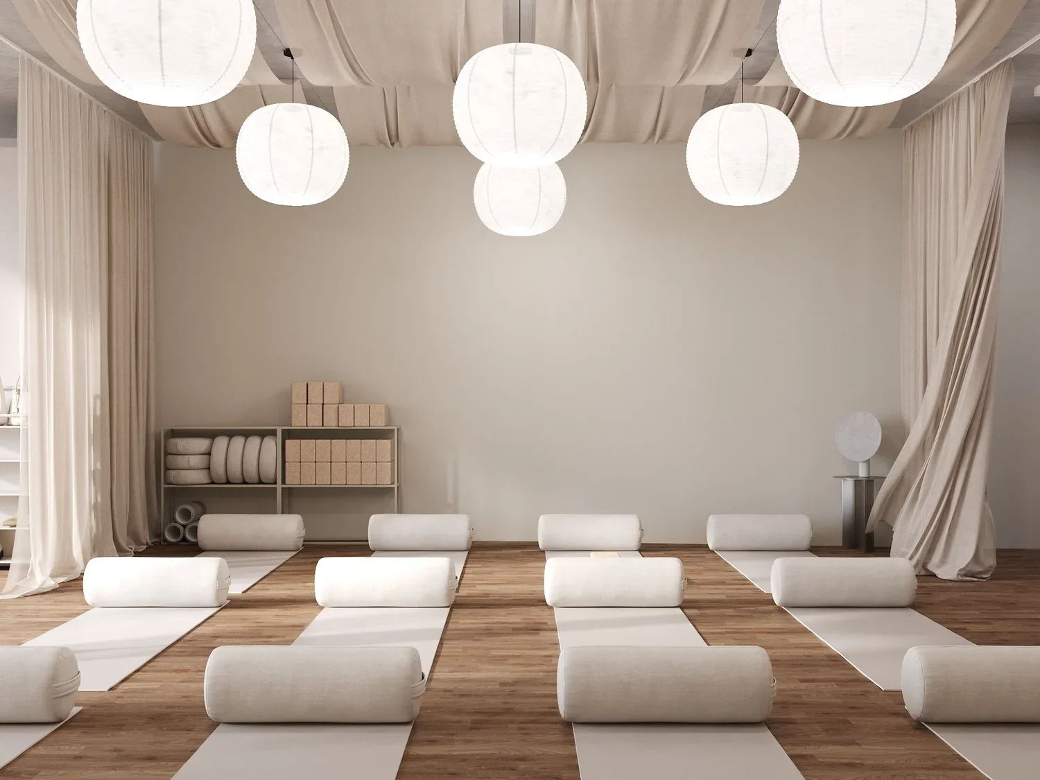 Yoga studio with paper lantern lighting