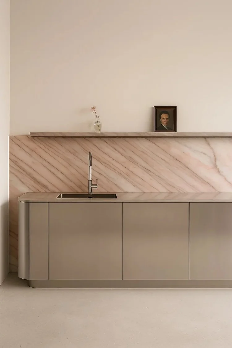 Pink marble kitchen backsplash detail