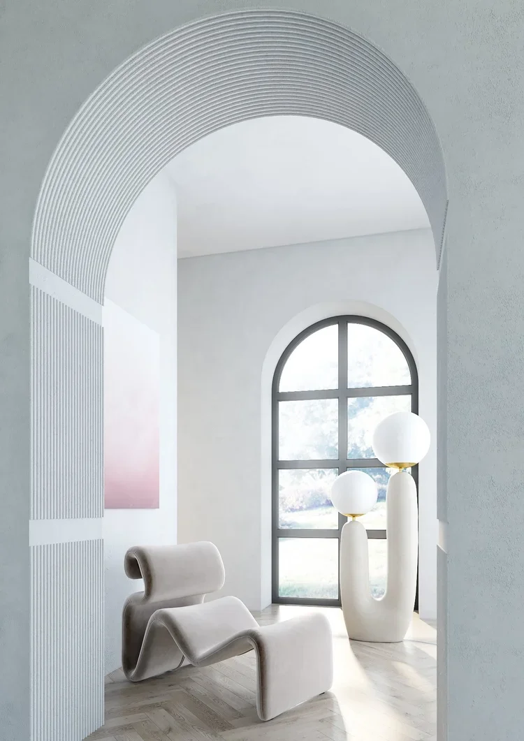 Arched doorway with sculptural chairs, Zurich residential project