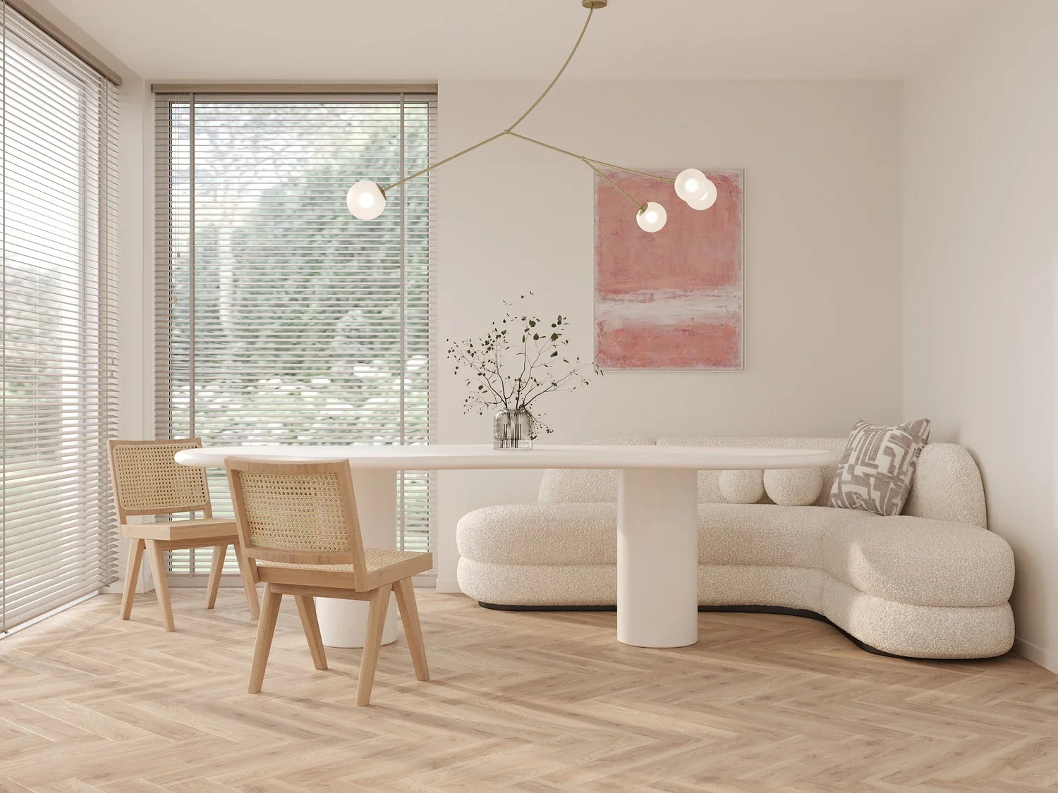 Curved sofa dining area with pendant lighting